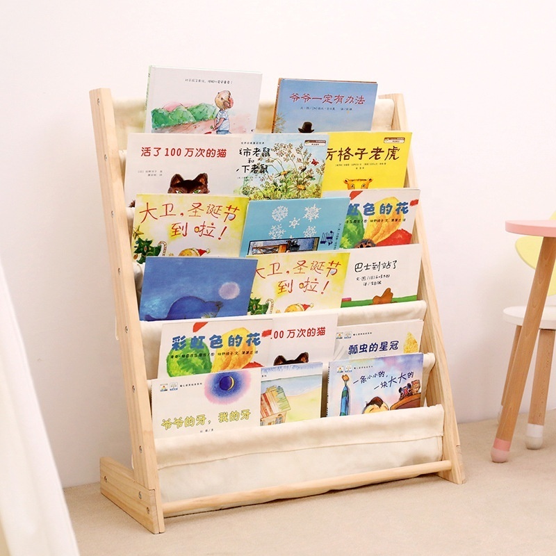 Kindergarten preschool Montessori toddler baby room organizer solid pine wood children book storage shelf kid bookshelf bookcase