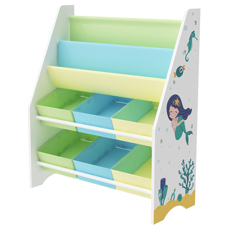 Custom Design Cute 6 Plastic Storage Bins Wooden Children Montessori Kids Toy Organizer Shelf With Bookcase Book shelf