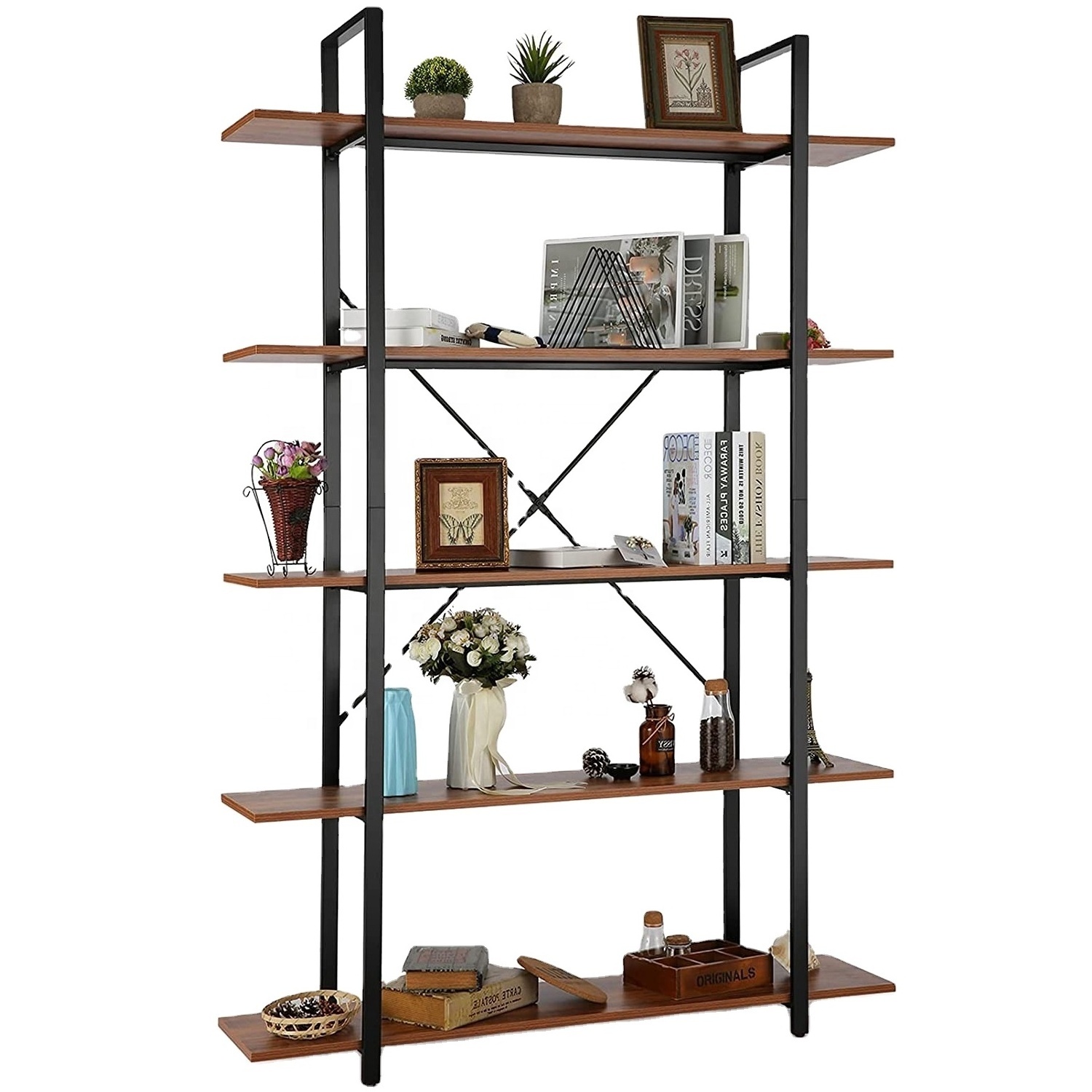 Industrial design iron metal wood 5 storage shelves Corner floor bookshelf bookcase for office living room bedroom