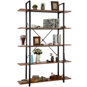 Industrial design iron metal wood 5 storage shelves Corner floor bookshelf bookcase for office living room bedroom