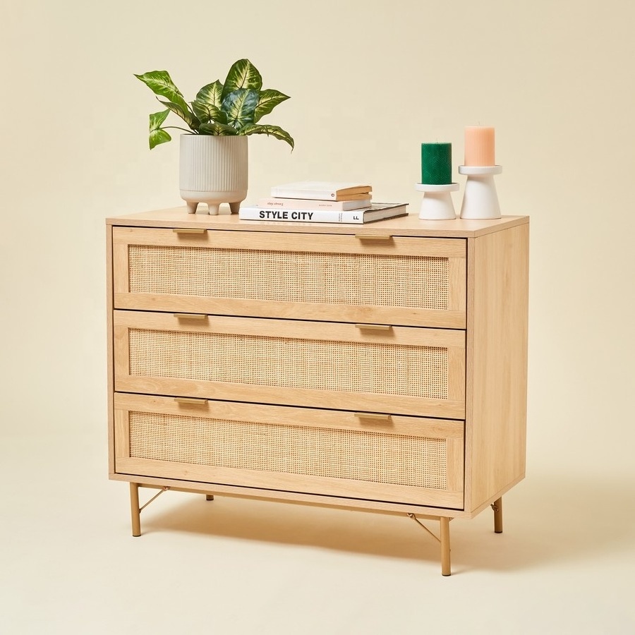 Modern cheap rattan living room cabinet furniture 3 Tier wood Chest of Drawers, rattan dresser side cabinet with storage drawer