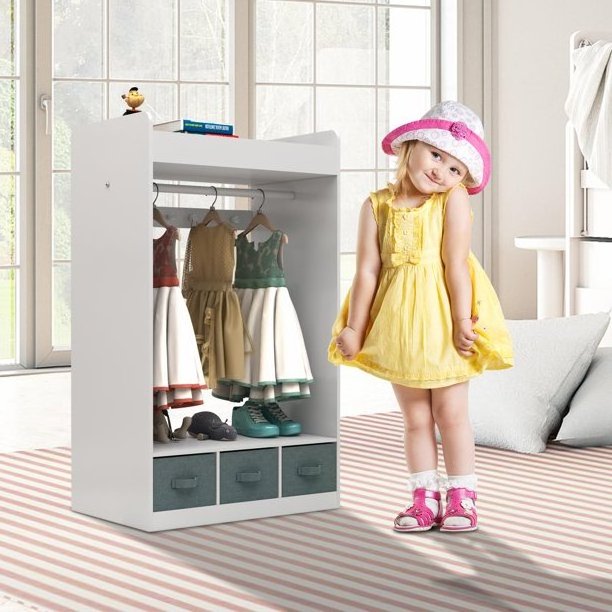 Wooden Children Bedroom Dress Up Station Coat Rack Furniture Kids Storage Closet Cabinet with 3 Drawers and Mirror