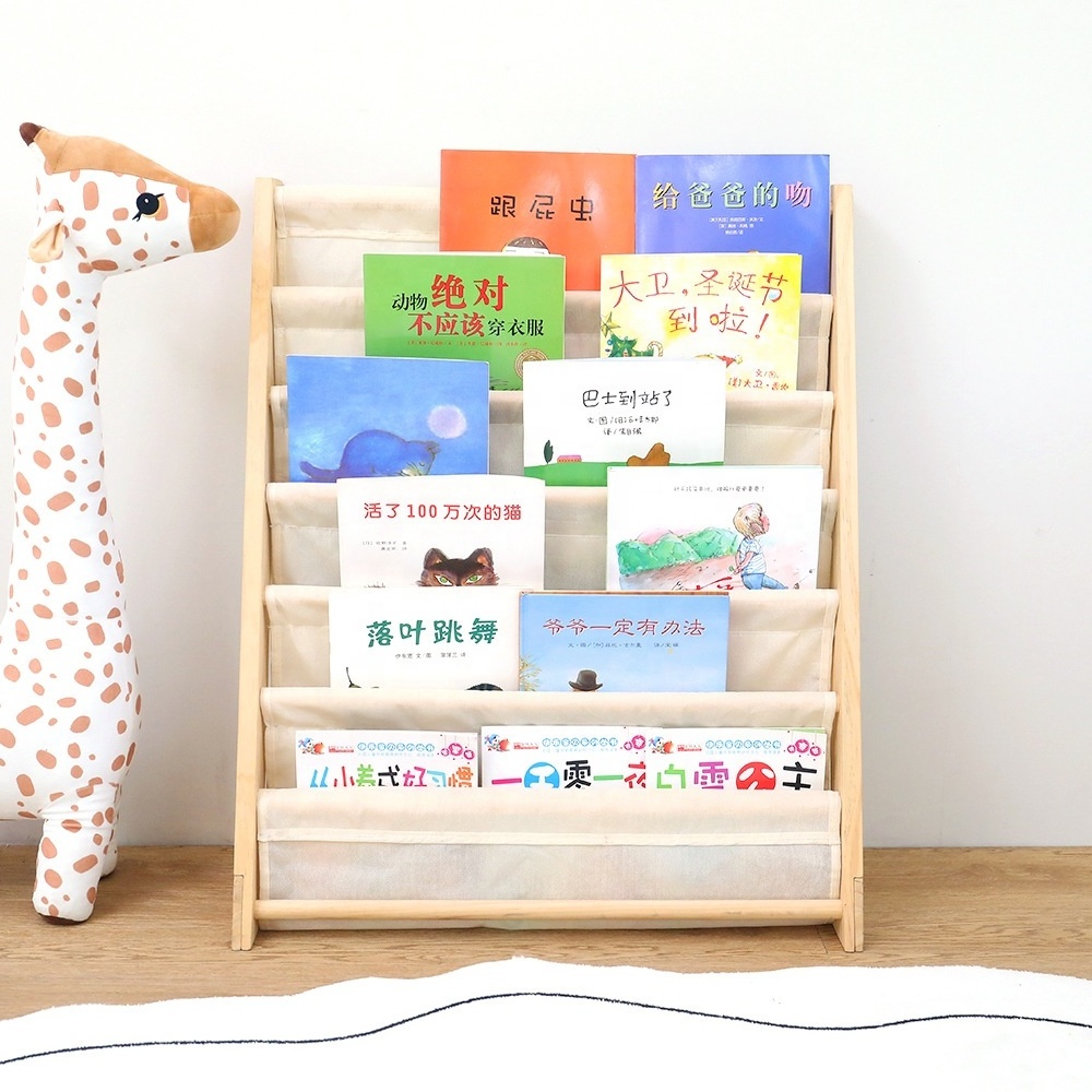 Kindergarten preschool Montessori toddler baby room organizer solid pine wood children book storage shelf kid bookshelf bookcase