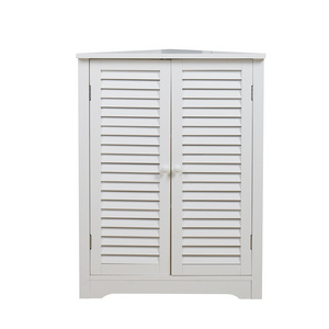 White Wood Triangle Bathroom Corner Cabinet With Double Louver Door