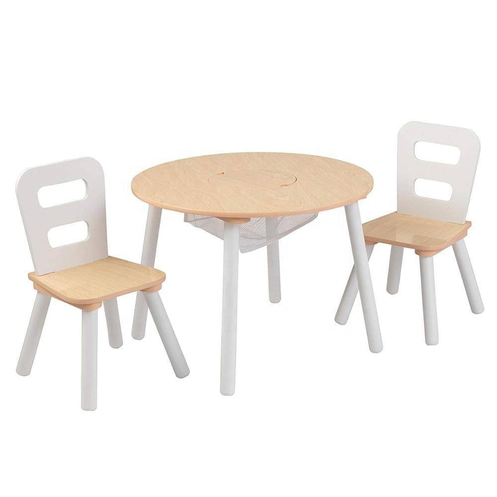 Wholesale ECO Cheap White Pink Wood Round Toddler Child Play Activity Kid Furniture Table and 2 Chair Set with storage mesh bag