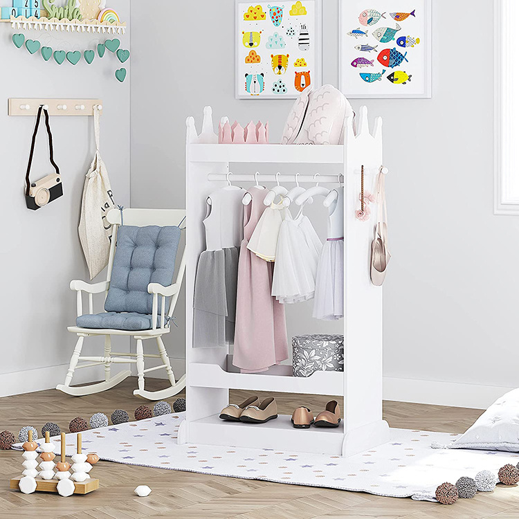 Free standing wooden bedroom costume dress up station furniture children wardrobe kid coat clothes rack with mirror