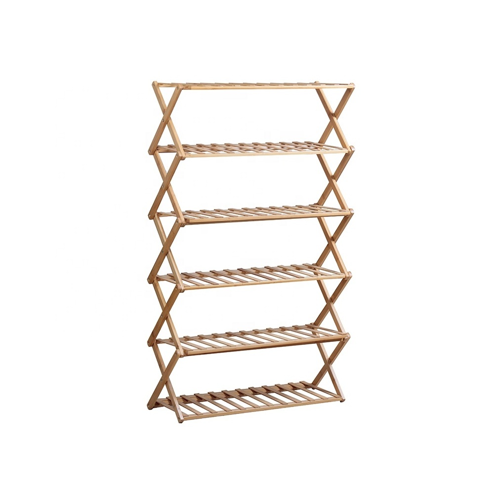 Custom Foldable 6 Tier Free Standing Living Room Furniture Collapsible Folding Bamboo Storage Organizer Shoe Rack Shelf For Home