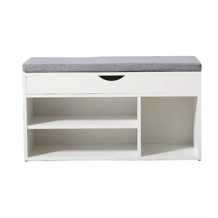 White home entryway wooden storage shoe rack cabinet bench with cushion seat, entryway bench with shoe storage