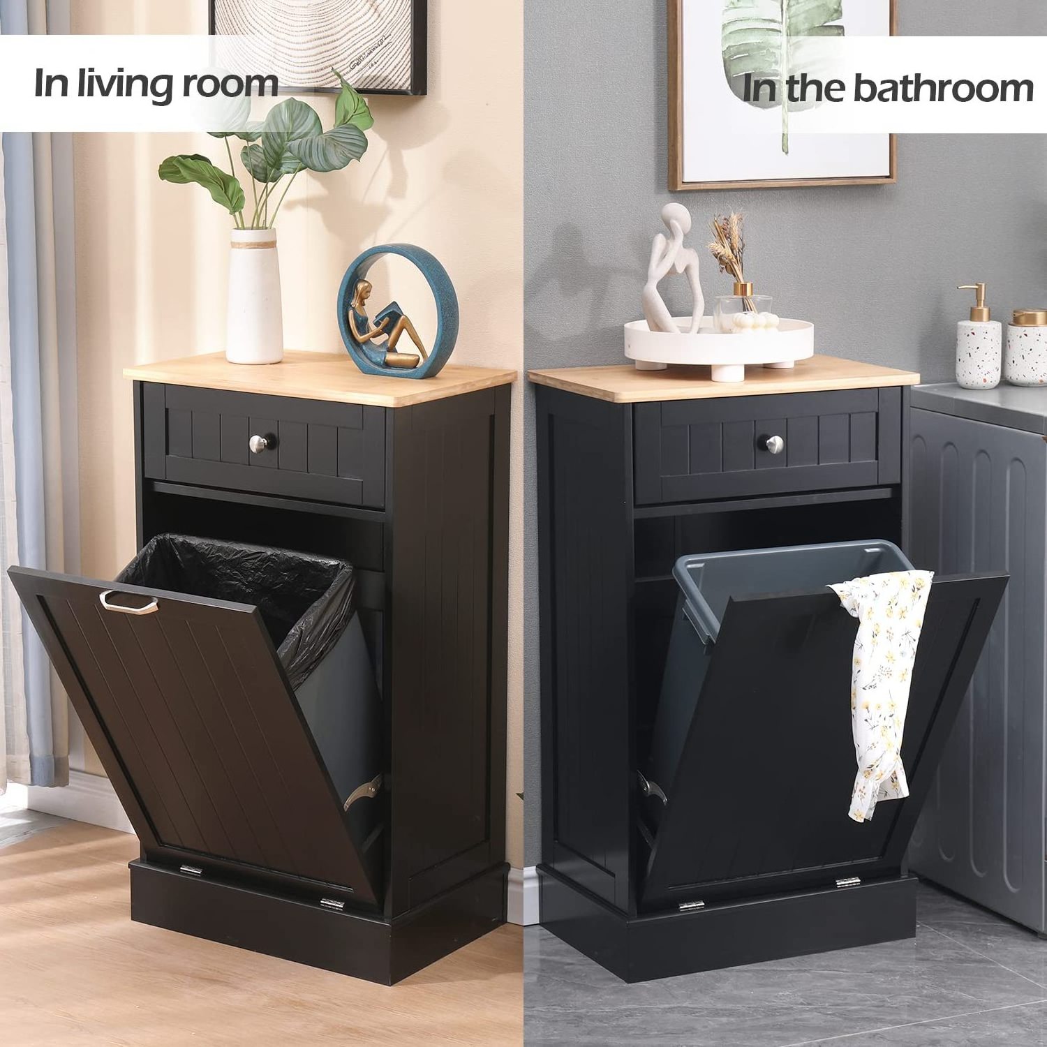 Removable Bamboo Cutting Top Wood Free Standing Kitchen Trash Can Waste Bin Cabinet, Recycling Hideaway Garbage Can Holder