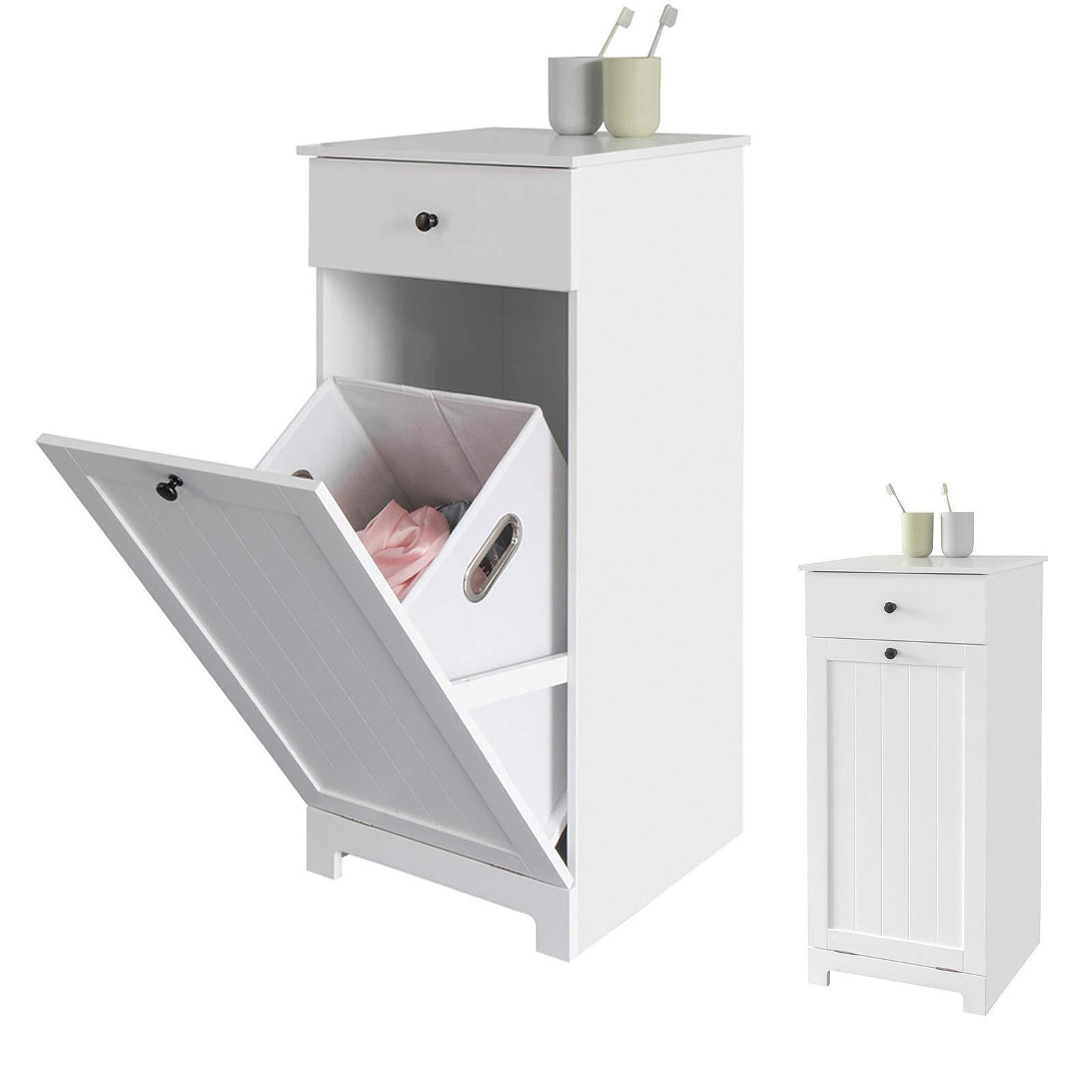 Laundry Cupboard with Fold Out Laundry Bag, Bathroom Toilet Room Wood Storage Laundry Cabinet with Drawers