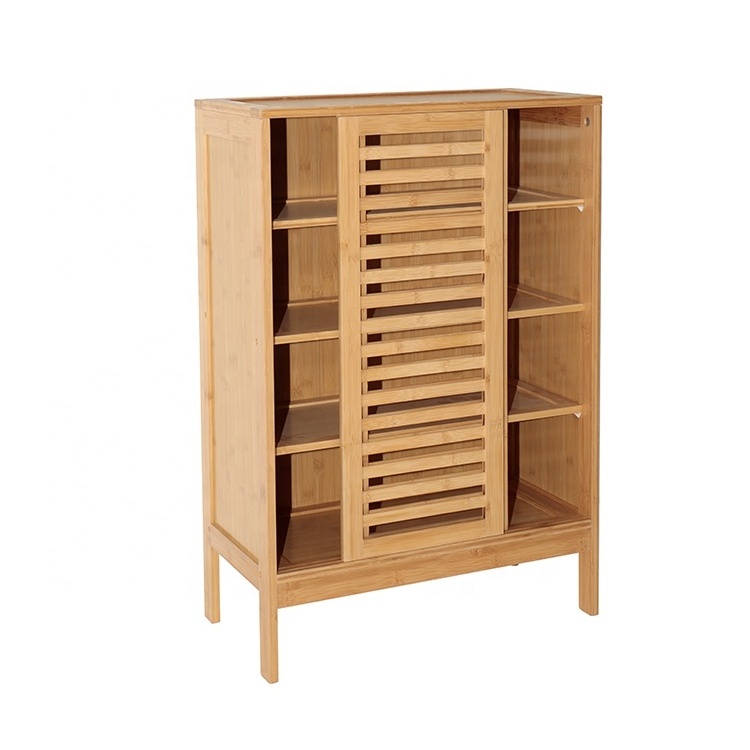 Sliding door 4 tier home entryway hallway bamboo wooden shoe rack cabinet