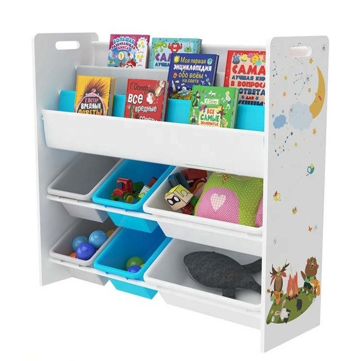 Custom Design Cute 6 Plastic Storage Bins Wooden Children Montessori Kids Toy Organizer Shelf With Bookcase Book shelf