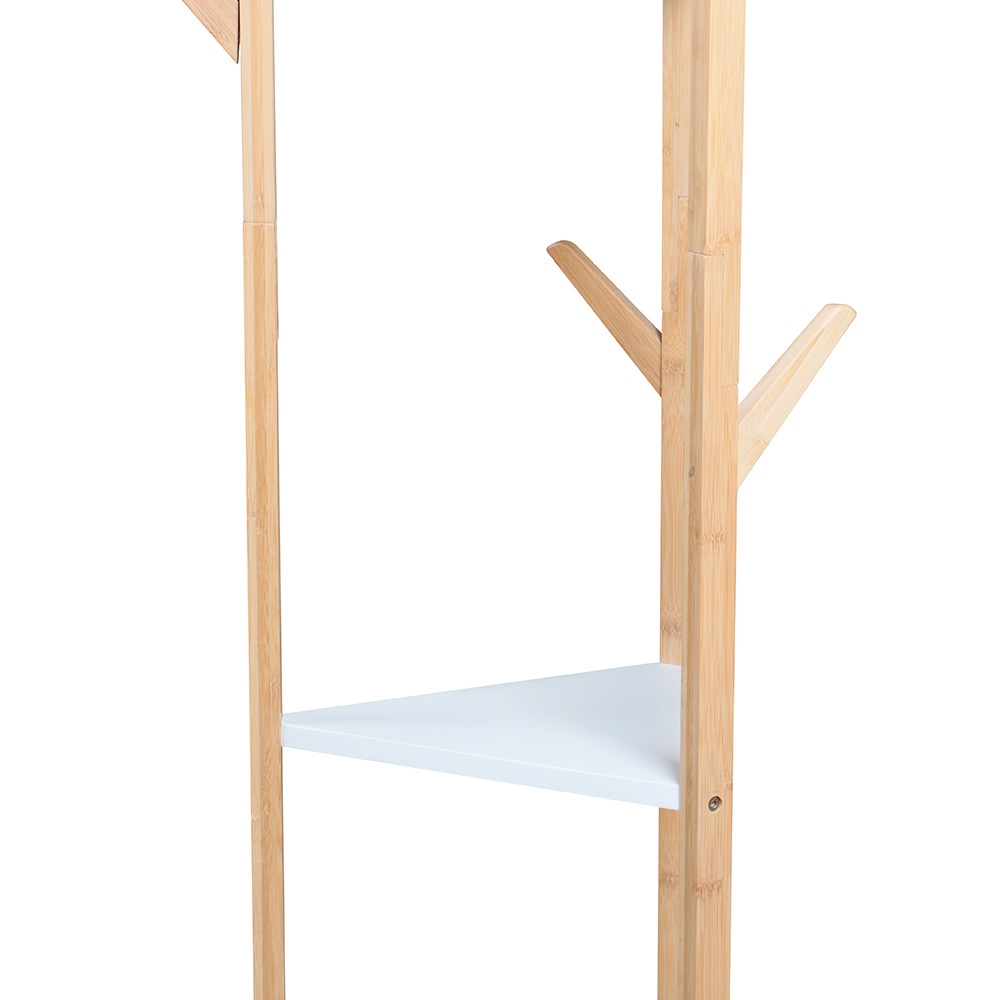 Versatile Corner Hallway Living Room Bedroom Tree Stand Bamboo Coat Rack with 2 Storage Shelf