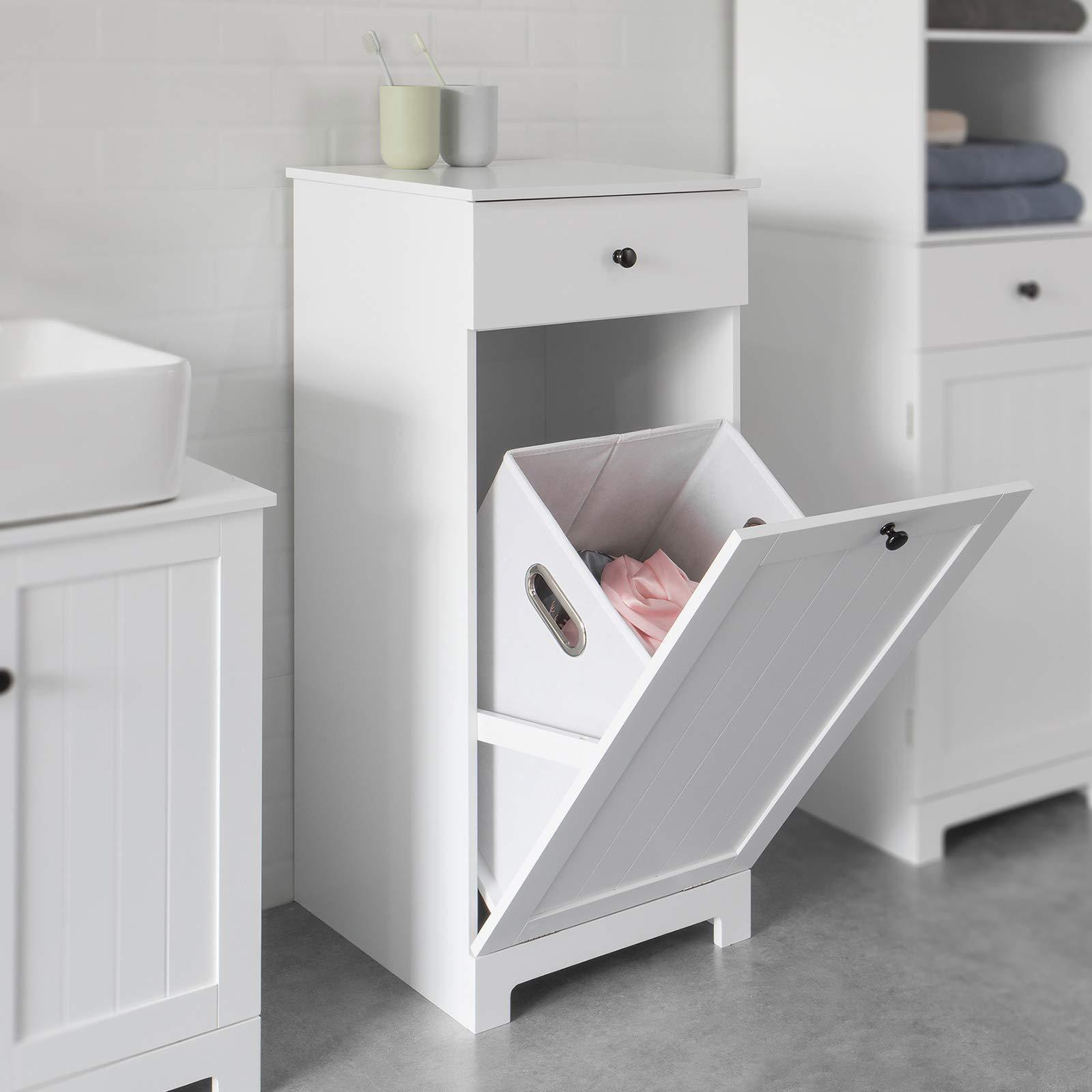 Laundry Cupboard with Fold Out Laundry Bag, Bathroom Toilet Room Wood Storage Laundry Cabinet with Drawers