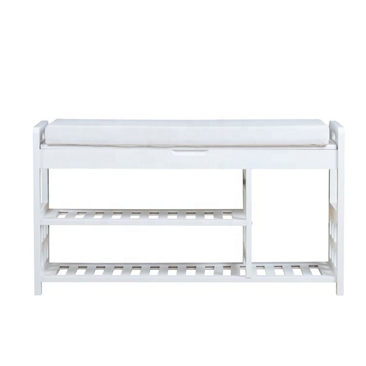 Wholesale white portable home living room furniture mdf wood storage shoe rack with seat, shoe bench with seat