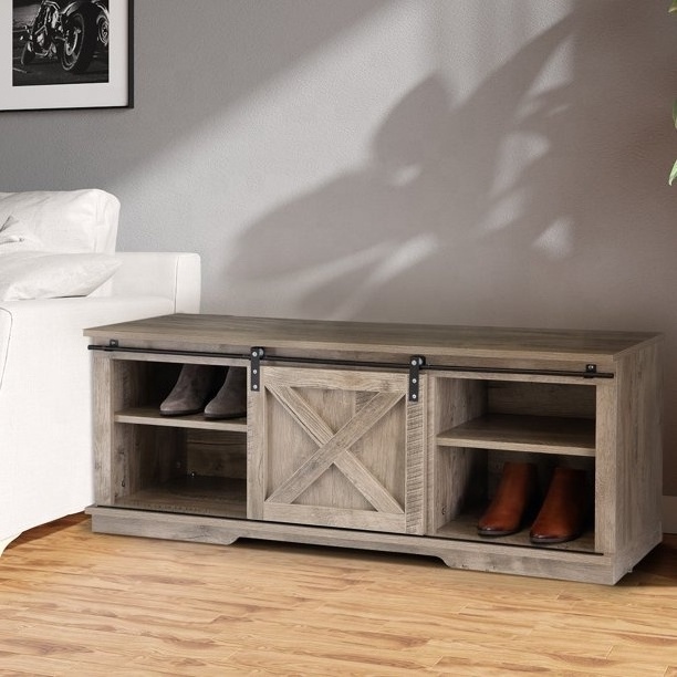 Modern Entryway Hallway Wooden Sliding Barn Door Shoe Rack Bench, Shoe Storage Shelf Cabinet