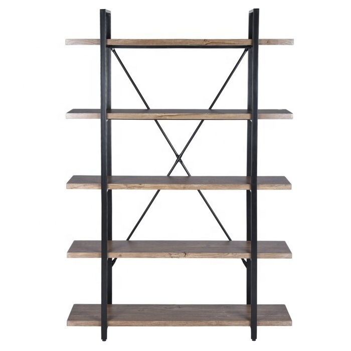 Industrial design iron metal wood 5 storage shelves Corner floor bookshelf bookcase for office living room bedroom