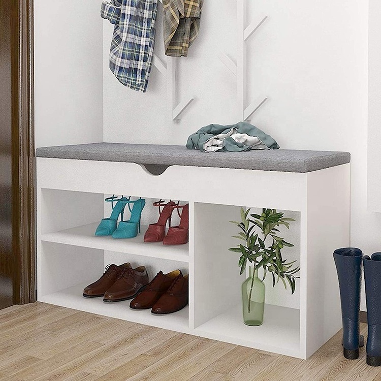 White home entryway wooden storage shoe rack cabinet bench with cushion seat, entryway bench with shoe storage