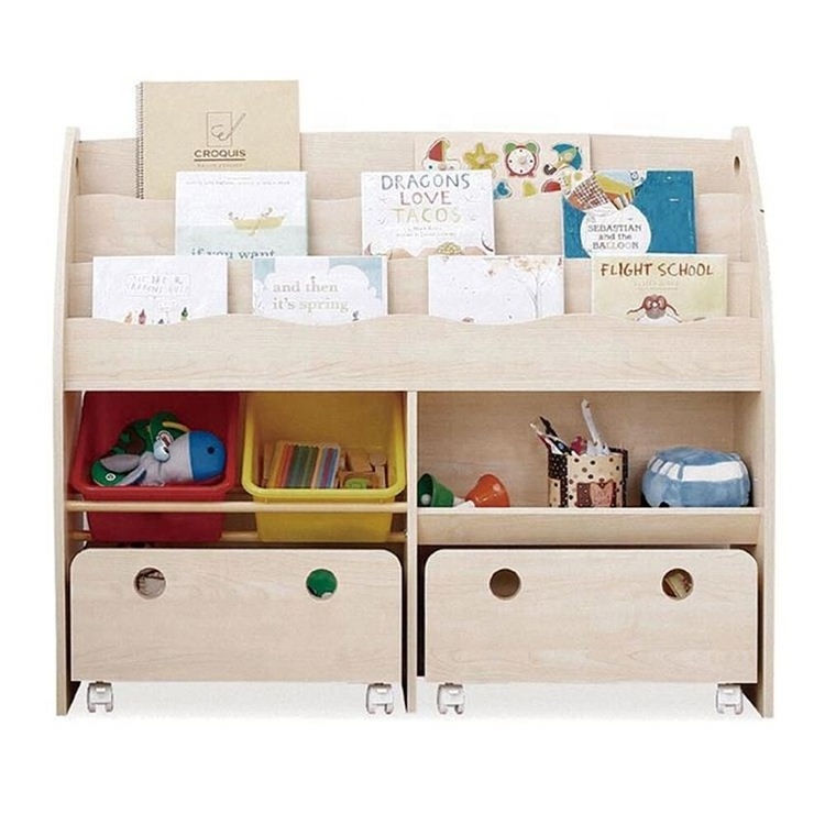 Wooden toddler children room bookcase book storage rack shelf kids bookshelf cabinet with roll toy storage bin