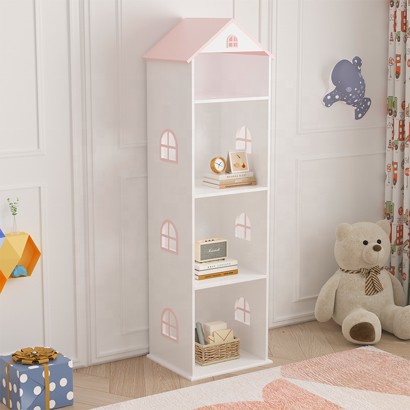 Corner long slim wood kid doll house toy book storage cabinet children's bookcase bookshelf, kid book shelf rack