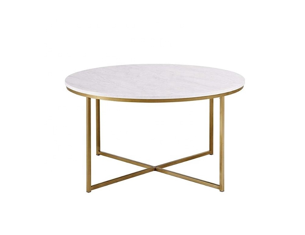 Modern marble look top gold metal leg wood coffee Table with X-Base