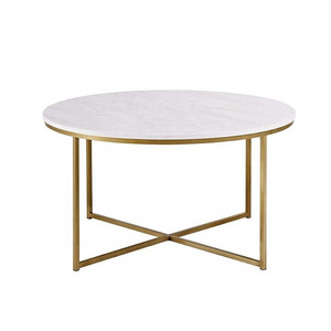 Modern marble look top gold metal leg wood coffee Table with X-Base