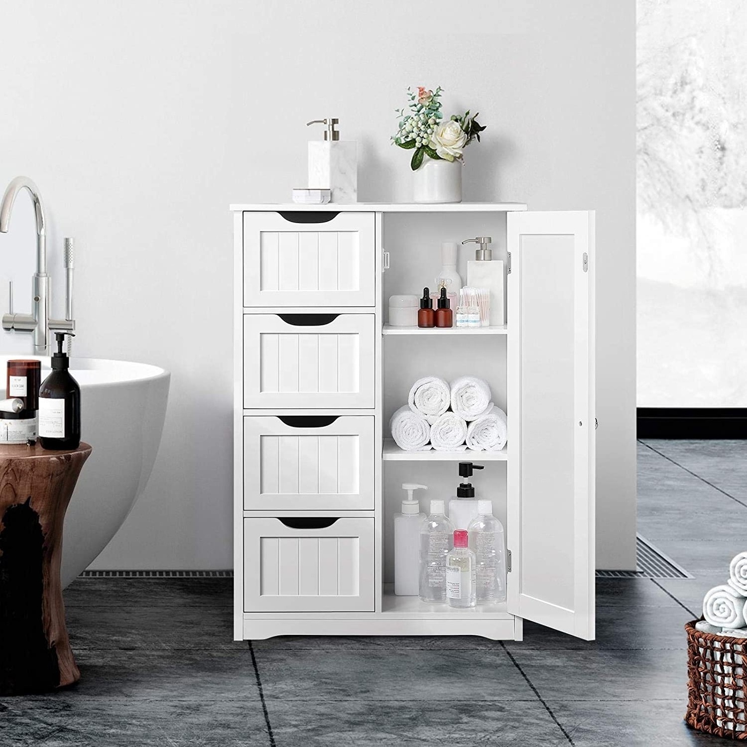 Wooden Floor Bathroom Side Organizer Unit Hallway Entryway Storage Cabinet with 4 Drawers and 1 Cupboard