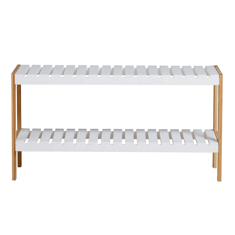 Custom White Modern Portable 2 Tier Bamboo MDF Household Storage Organizer Shoe Rack Shelf for entrance