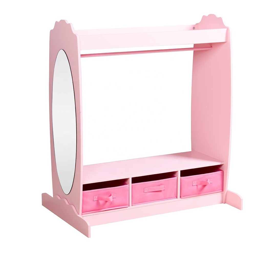 Children Dress Up Storage Wardrobe Station Armoire Costume Dresser Wood Closet Kids Coat Rack with Mirror