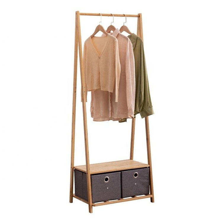 Simple non slip living room bamboo garment coat clothing rack with storage drawer, floor simple clothes rack