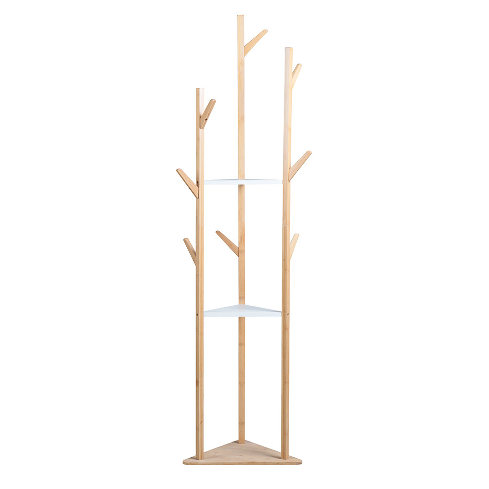 Versatile Corner Hallway Living Room Bedroom Tree Stand Bamboo Coat Rack with 2 Storage Shelf