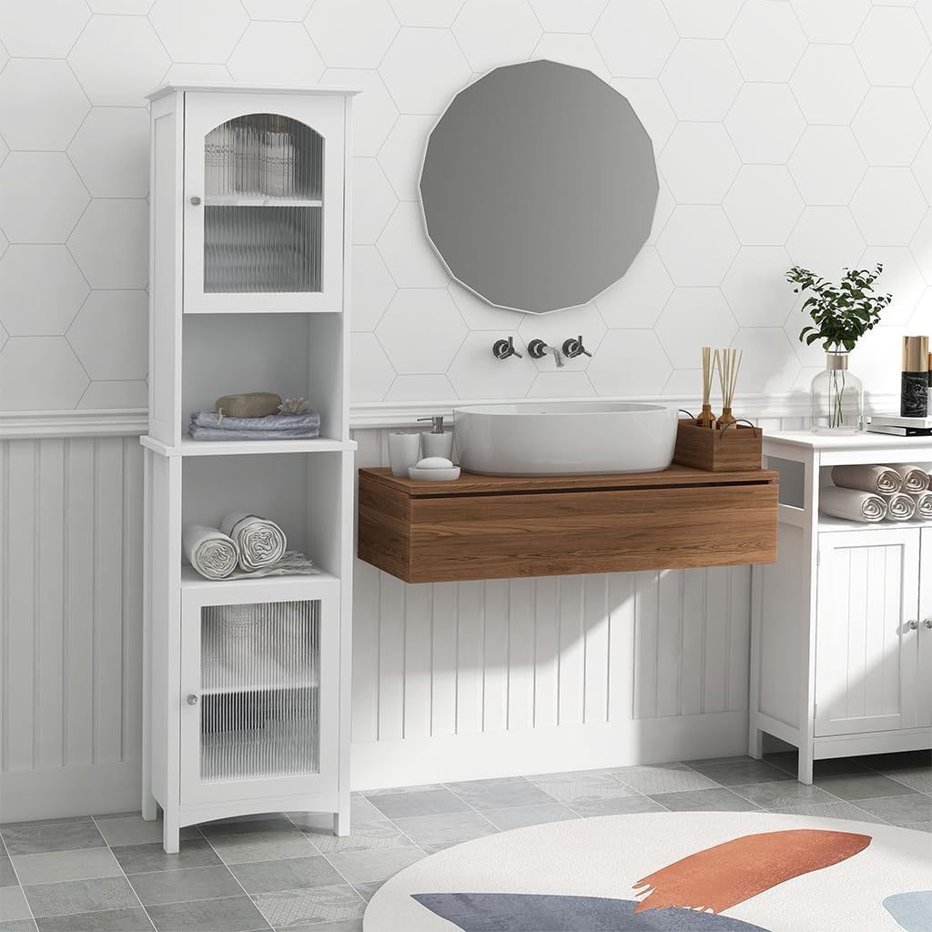 Elegant High Bathroom Storage Cabinet Freestanding Food Cabinet with Glass Doors and Open Shelves For Bathroom