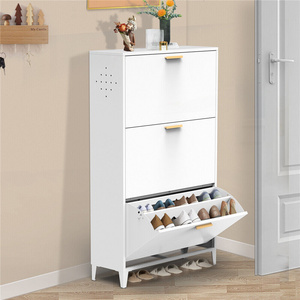 Factory Wholesale Modern Narrow White Shoe Cabinet with 3 Flip-Drawers Freestanding Shoe Rack Organize