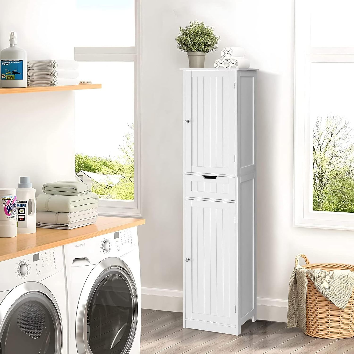 High Bathroom Storage Cabinet 2 Doors 1 Drawer Slim Storage Cabinet with Adjustable Shelves Bathroom Floor Cabinet