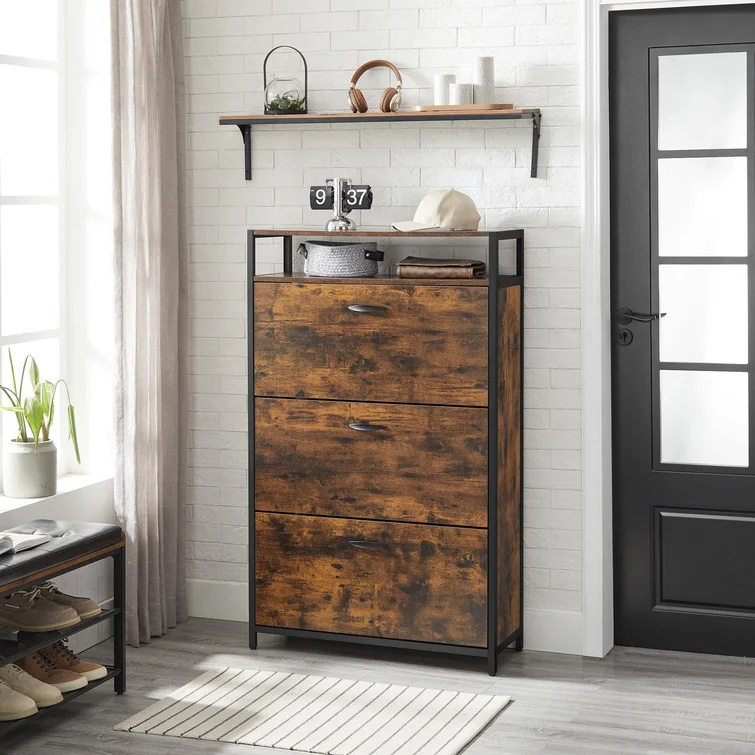 24 Pair Shoe Storage Cabinet Invite Industrial Style Combining rustic brown boards with a matte black frame shoe cabinet