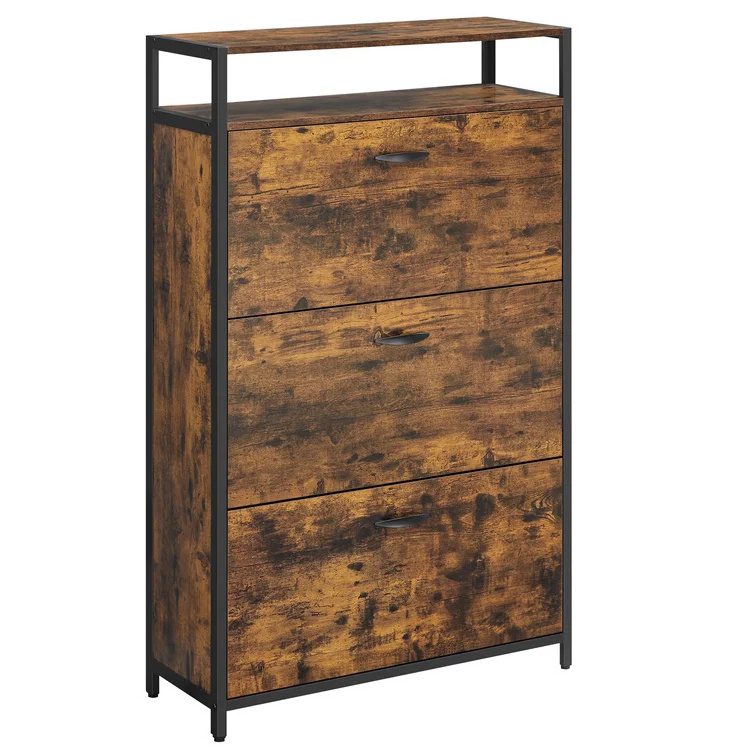 24 Pair Shoe Storage Cabinet Invite Industrial Style Combining rustic brown boards with a matte black frame shoe cabinet