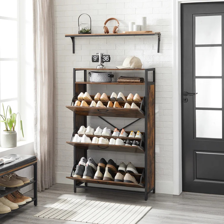 24 Pair Shoe Storage Cabinet Invite Industrial Style Combining rustic brown boards with a matte black frame shoe cabinet