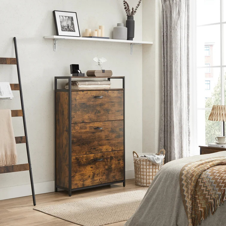 24 Pair Shoe Storage Cabinet Invite Industrial Style Combining rustic brown boards with a matte black frame shoe cabinet