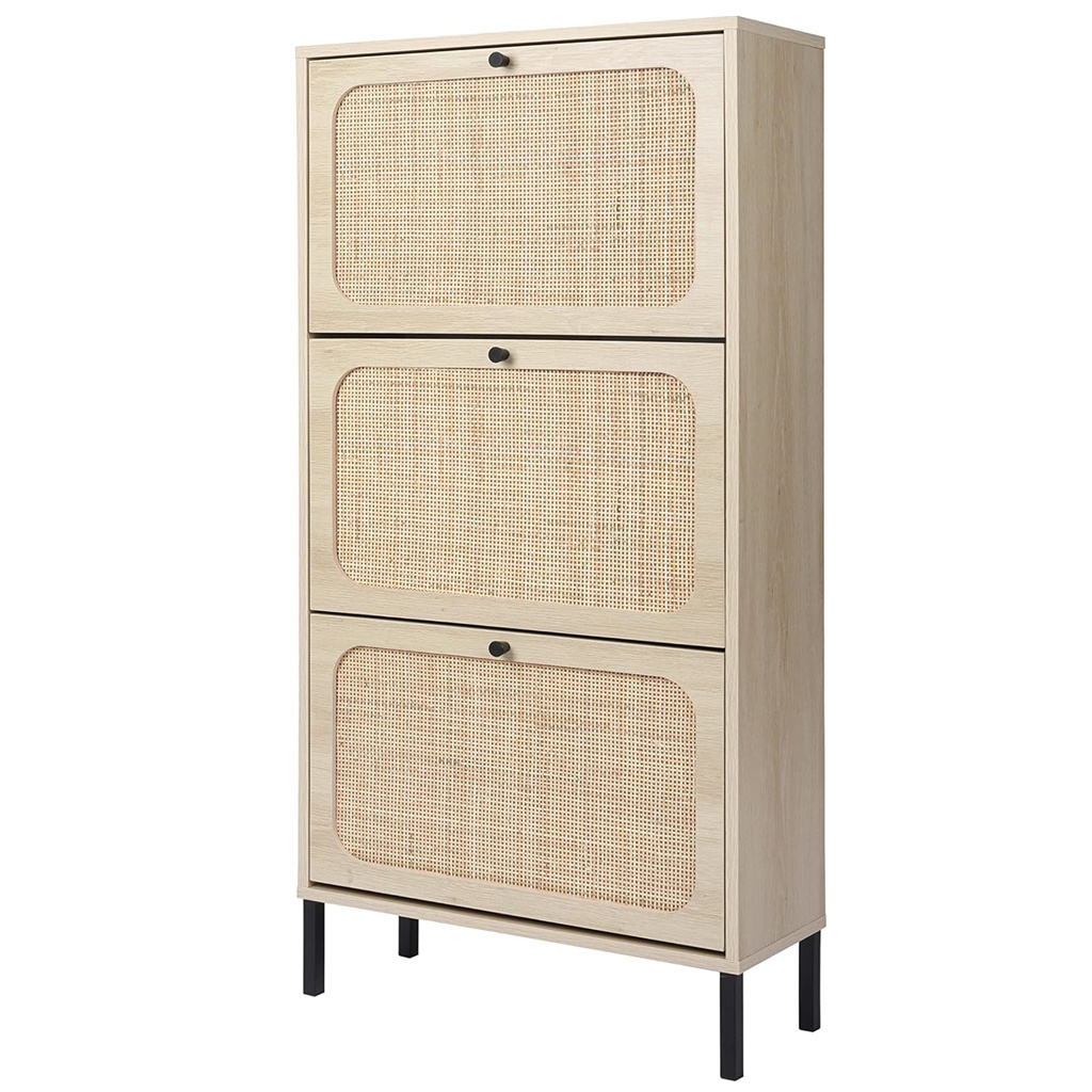 Factory Direct Sales Rattan Shoe Cabinet with 3 Flip Drawers Metal Door Narrow Shoe Storage Cabinet for Entryway