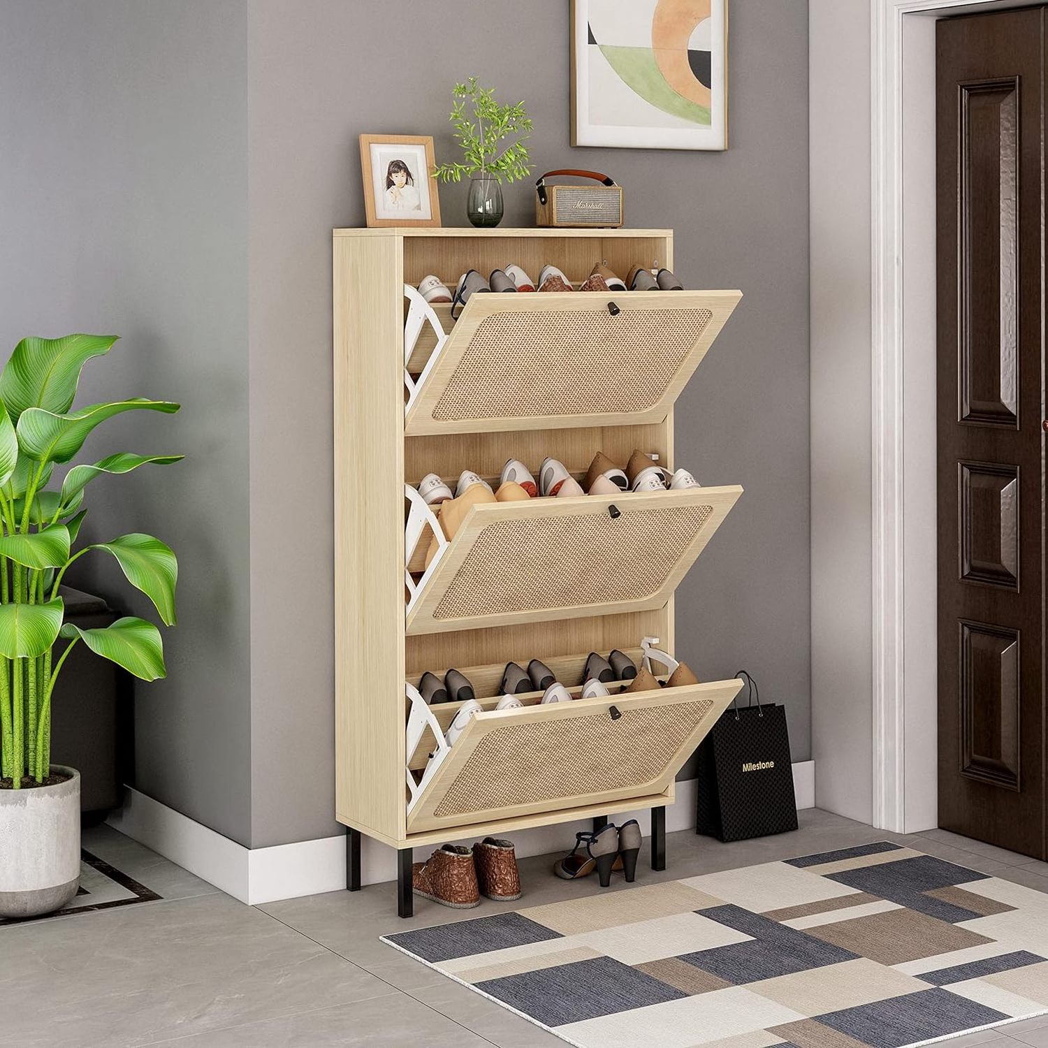 Factory Direct Sales Rattan Shoe Cabinet with 3 Flip Drawers Metal Door Narrow Shoe Storage Cabinet for Entryway