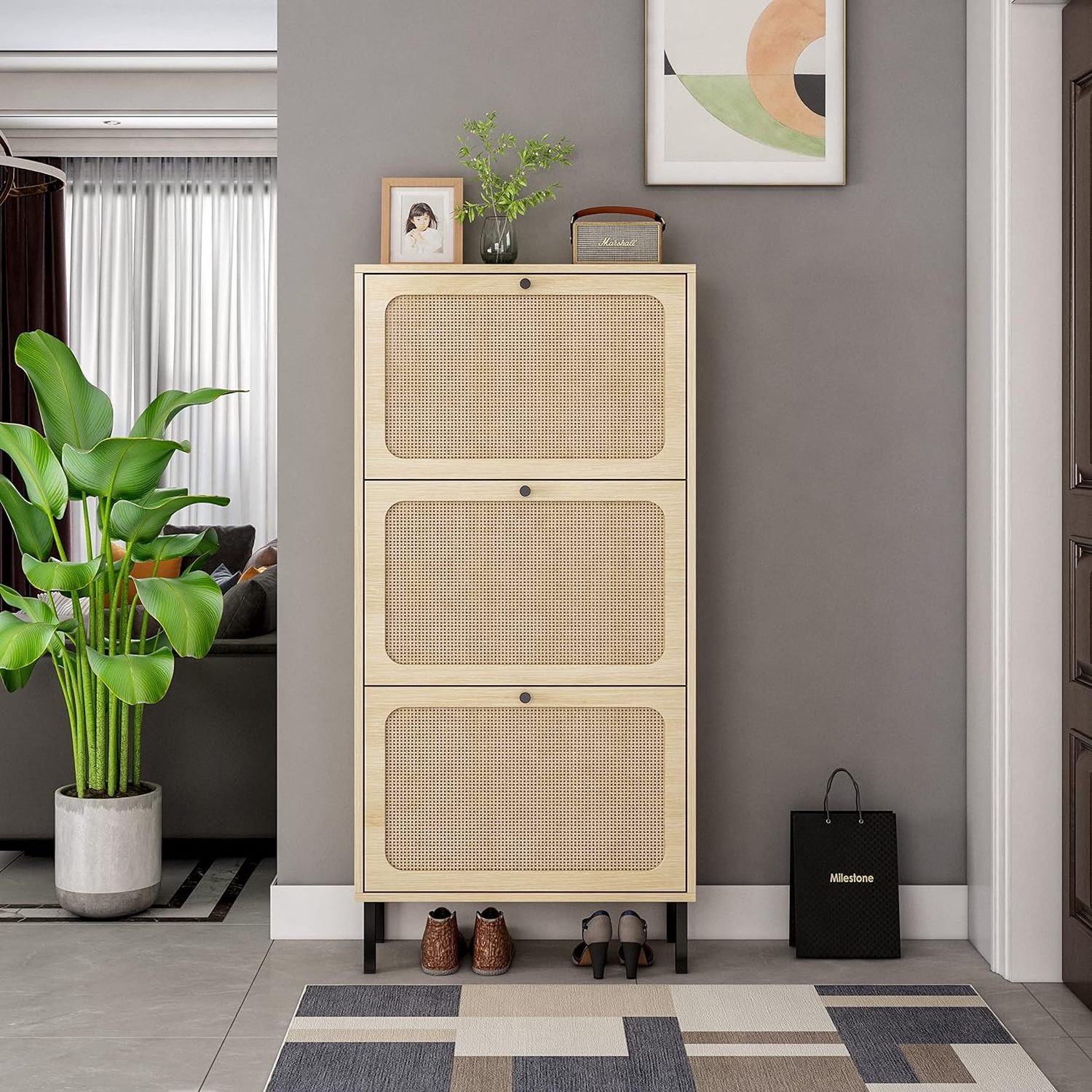 Factory Direct Sales Rattan Shoe Cabinet with 3 Flip Drawers Metal Door Narrow Shoe Storage Cabinet for Entryway