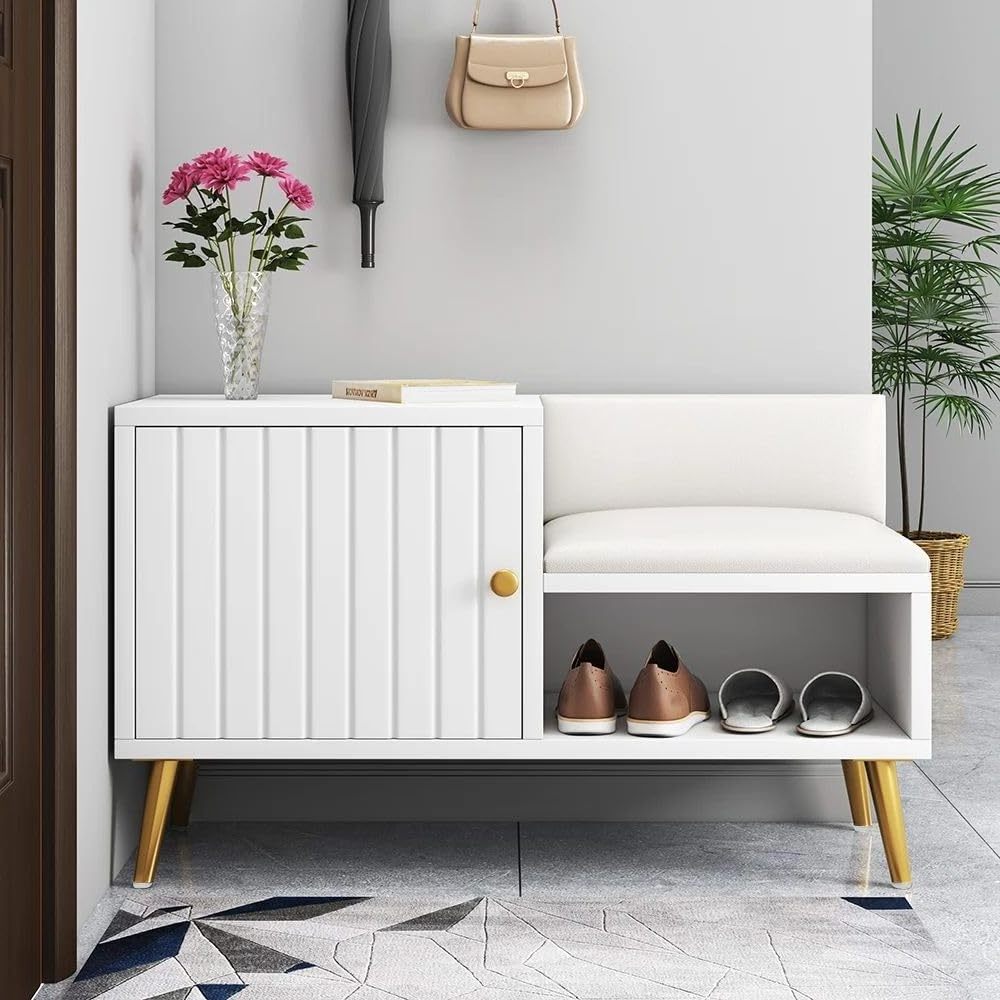 Factory Wholesale High Quality White Modern Upholstered Shoe Bench with Storage Cabinet and Shelf Hallway Shoe Cabinet