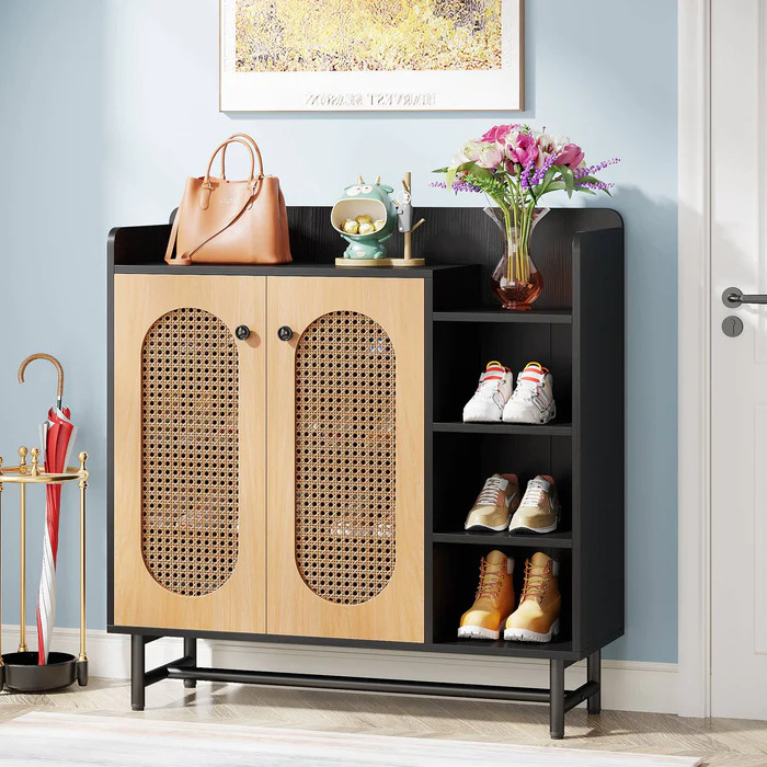 Factory sale 18 Pair Shoe Storage Cabinet features rattan doors that provide 4-tiers hidden shelves freestanding shoe cabinet