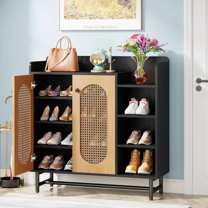 Factory sale 18 Pair Shoe Storage Cabinet features rattan doors that provide 4-tiers hidden shelves freestanding shoe cabinet