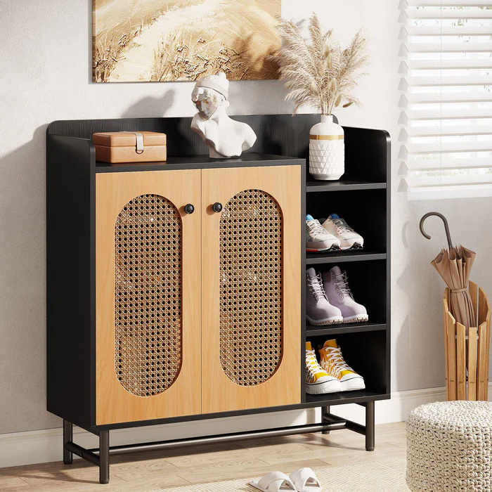 Factory sale 18 Pair Shoe Storage Cabinet features rattan doors that provide 4-tiers hidden shelves freestanding shoe cabinet