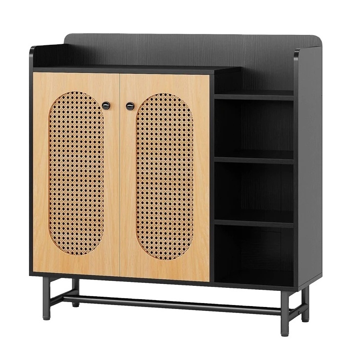 Factory sale 18 Pair Shoe Storage Cabinet features rattan doors that provide 4-tiers hidden shelves freestanding shoe cabinet