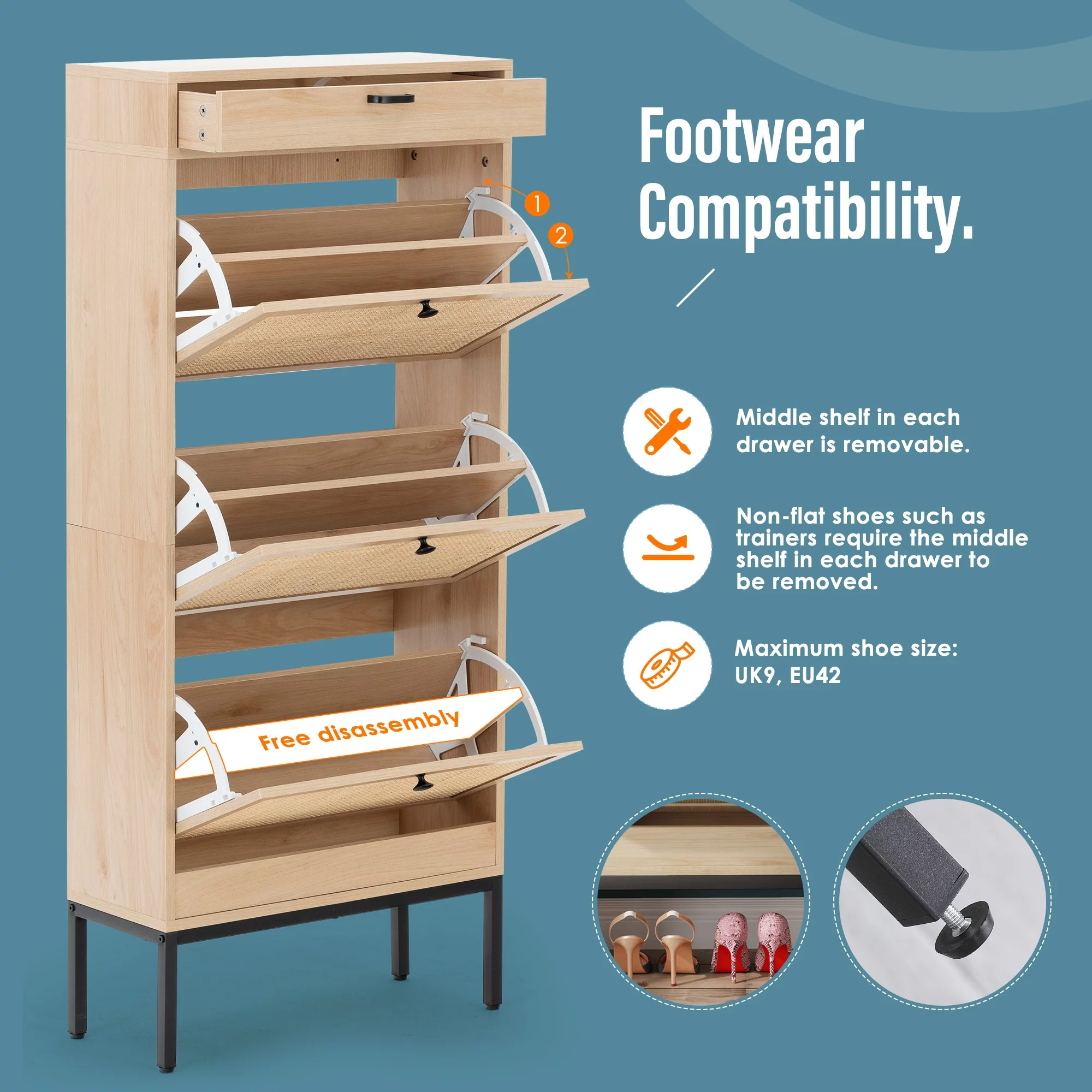 Factory Hot Sale Space Saving Shoe Rack Shoe Storage Cabinet Rattan with Two Flip Doors and One Drawer for Entryway