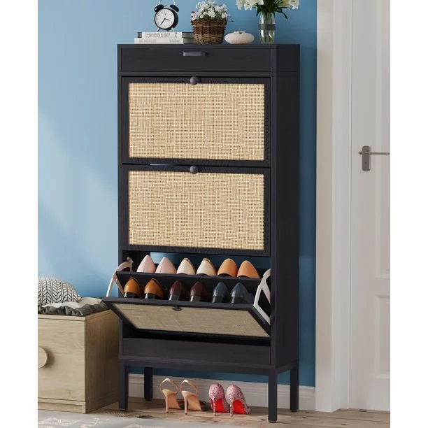 Factory Hot Sale Space Saving Shoe Rack Shoe Storage Cabinet Rattan with Two Flip Doors and One Drawer for Entryway