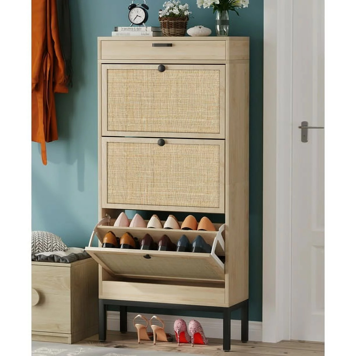 Factory Hot Sale Space Saving Shoe Rack Shoe Storage Cabinet Rattan with Two Flip Doors and One Drawer for Entryway