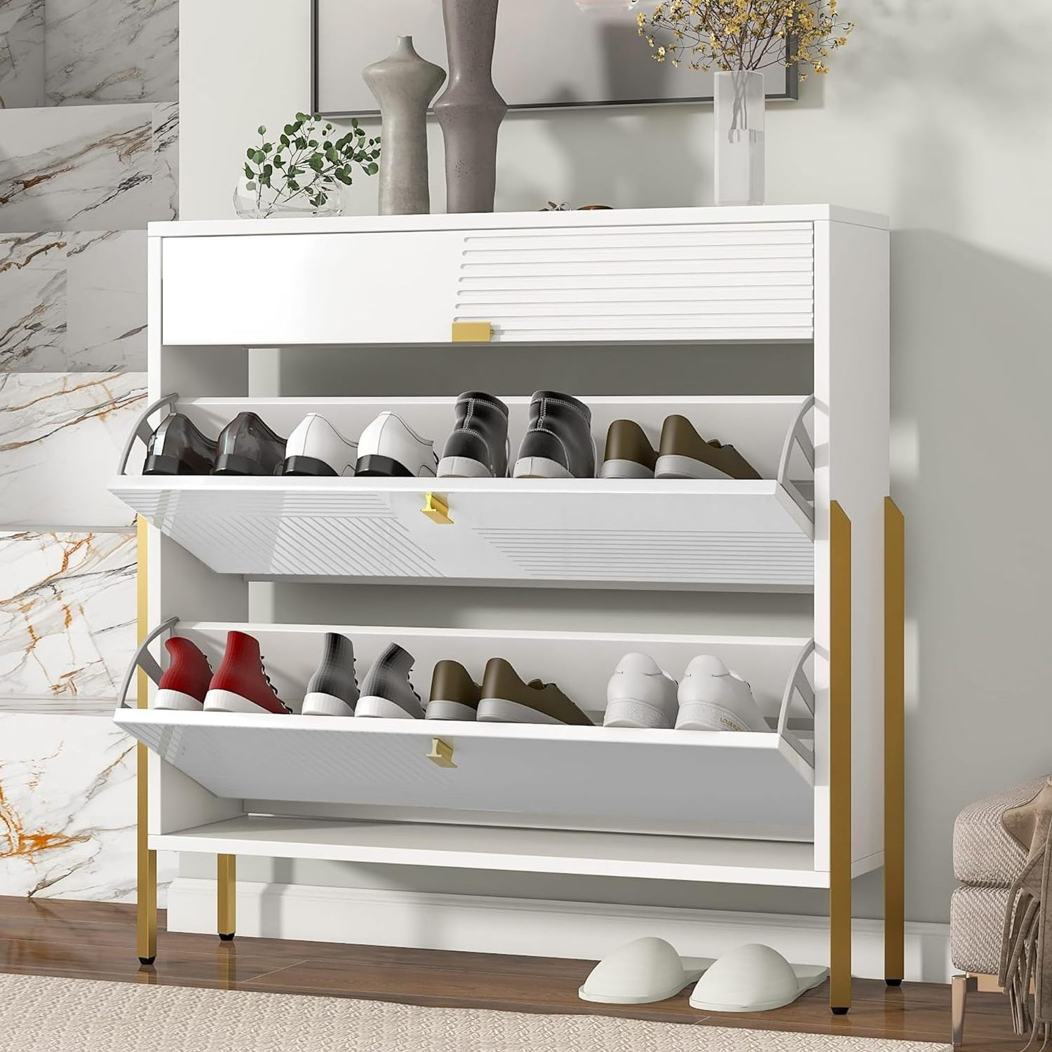 Factory Direct Modern Entryway Shoe Rack White Shoe Storage Cabinet with 2 Flip Doors & 1 Drawer Golden Legs Narrow Shoe Cabinet